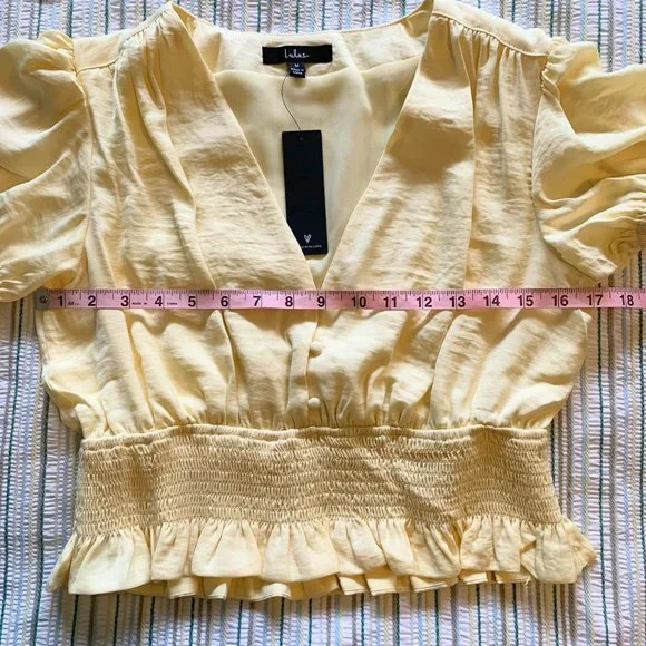 NWT Lulus Bring the Style Light Yellow Puff Sleeve Peplum Crop Top - Picture 10 of 11